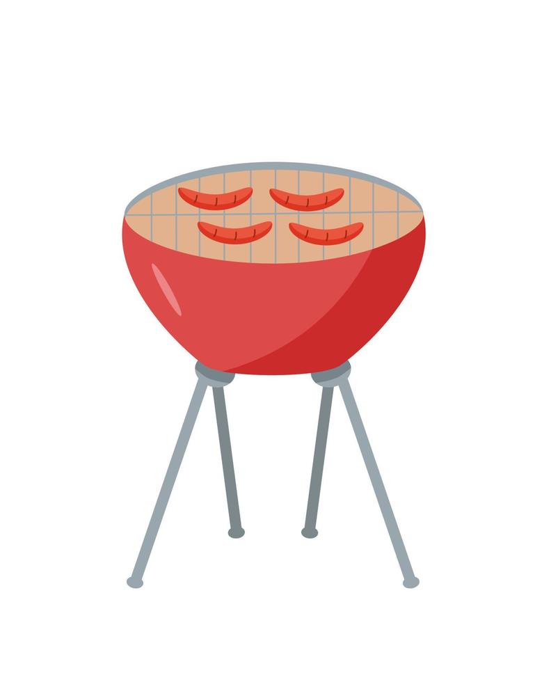 Sausages are fried on a barbecue grill. A modern device for heating food in the open air. Vector doodle illustration.