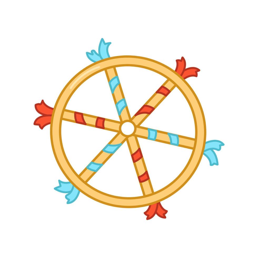 Wheel with ribbons Russian decoration for Maslenitsa. vector doodle illustration.