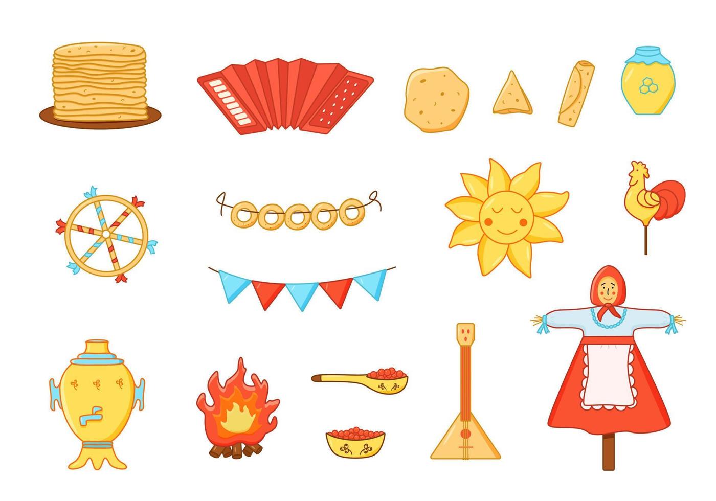 A set of doodle elements of pancake day. Vector illustration of icons of the traditional Russian holiday Maslenitsa. Sun, scarecrow, accordion balalaika, samovar