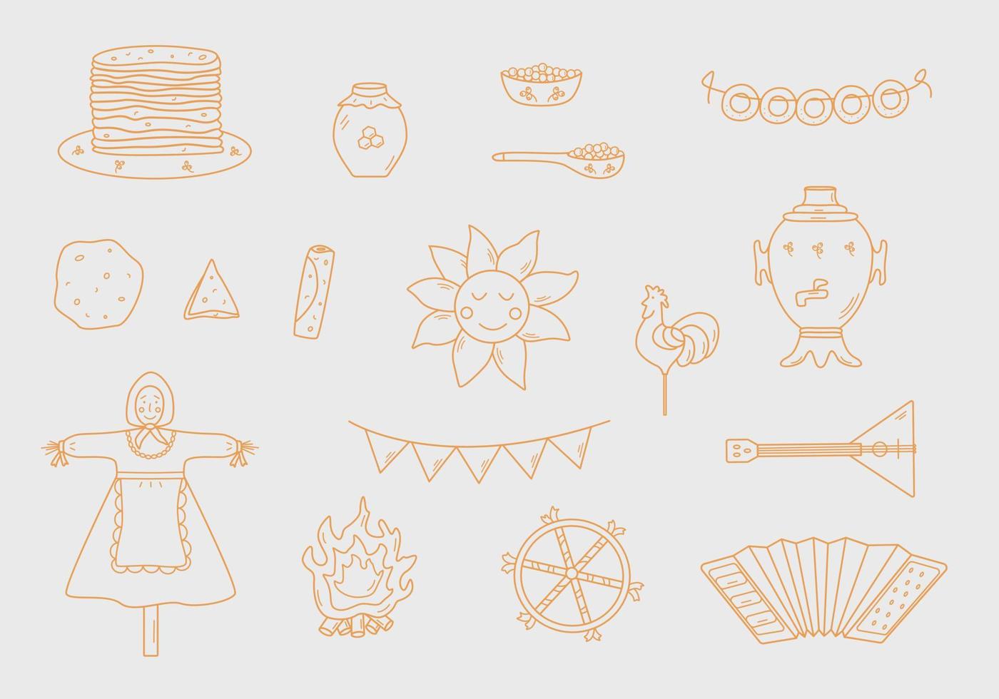 A set of doodle elements of pancake day. Vector illustration of icons of the traditional Russian holiday Maslenitsa. Sun, scarecrow, accordion balalaika, samovar
