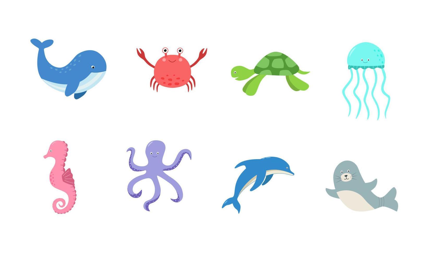 Cartoon set marine animals. Vector illustration turtle dolphin whale seal jellyfish crab octopus.