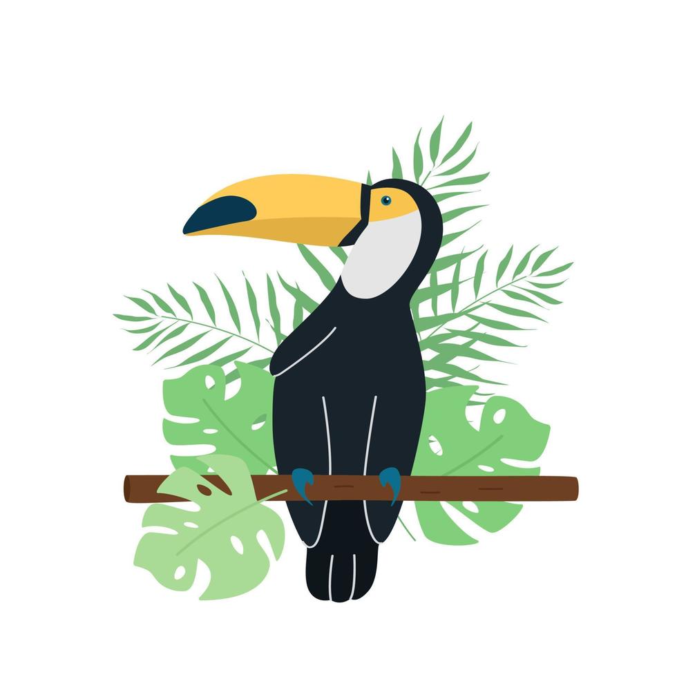 lindo tucán de dibujos animados y hojas de palmeras y monstera. ilustración vectorial de un pájaro tropical aislado en blanco vector