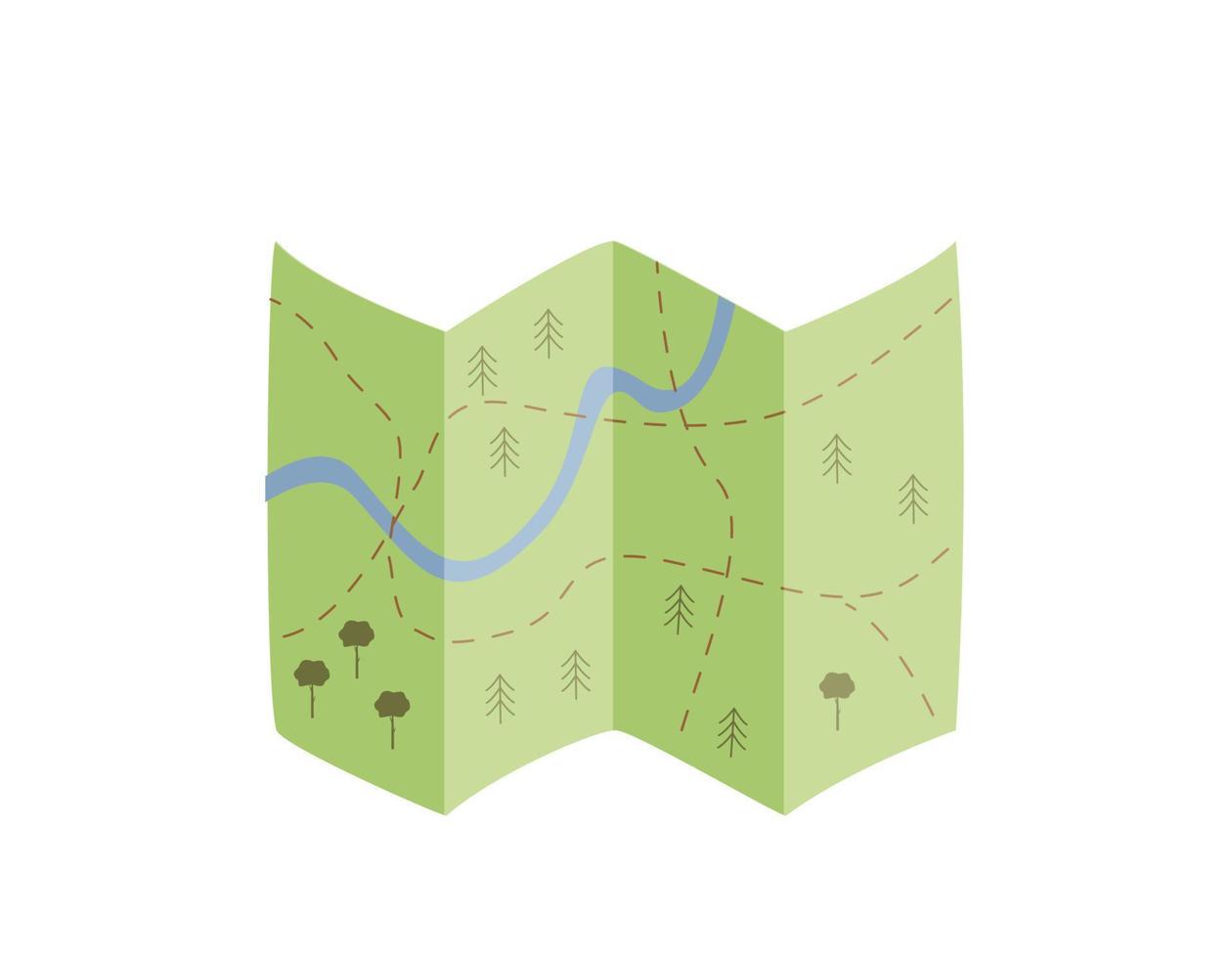 Paper map for tourists, hiking and traveling.  The route on the map for tourists, camping. Vector doodle illustration.