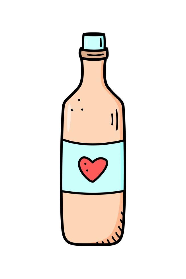 una botella de vino con un corazón en la etiqueta. Ilustración de vector de fideos, icono de etiqueta de vacaciones de San Valentín.