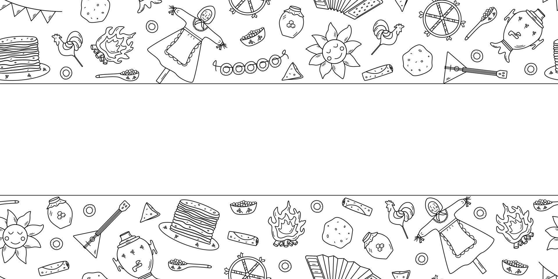 A set of doodle elements of pancake day. Vector illustration of icons of the traditional Russian holiday Maslenitsa. Sun, scarecrow, accordion balalaika, samovar