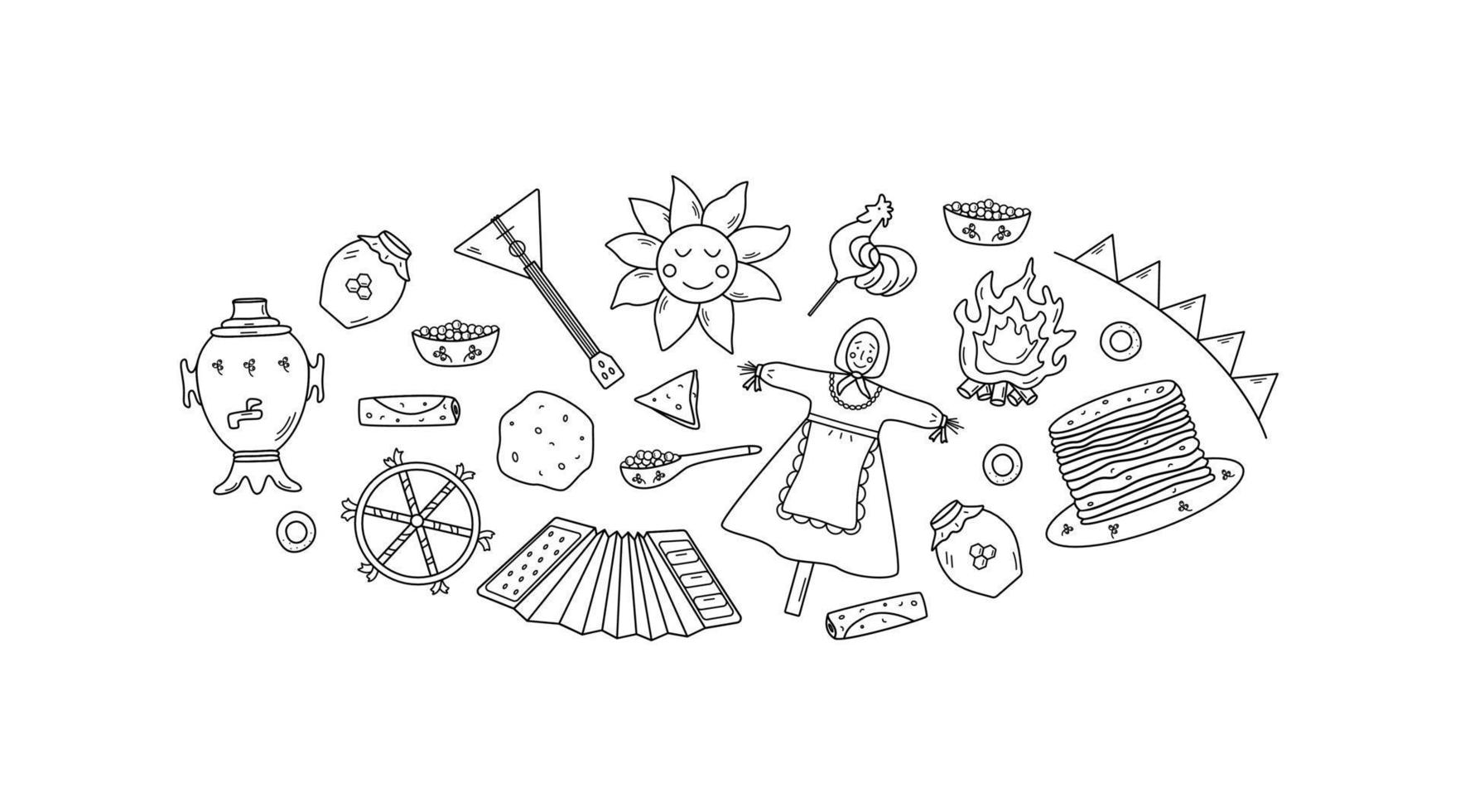 A set of doodle elements of pancake day. Vector illustration of icons of the traditional Russian holiday Maslenitsa. Sun, scarecrow, accordion balalaika, samovar