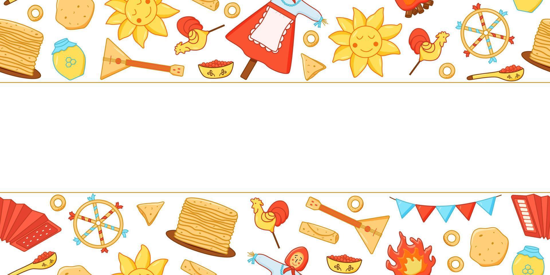 Seamless pattern, narrow banner, sticker strip, elements of pancake day. Vector illustration of icons of the traditional Russian holiday Maslenitsa