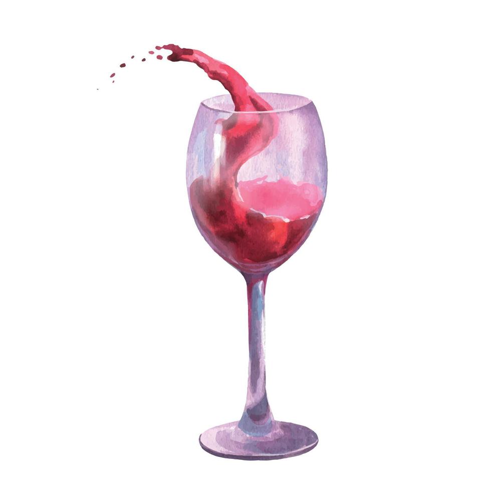 Watercolor illustration i glass with red wine splash, solated on white background. vector