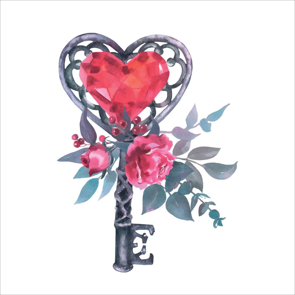 Set watercolor illustration with old vintage key heart shaped,heart diamond crystal and roses and other flowers, isolated on white background. vector