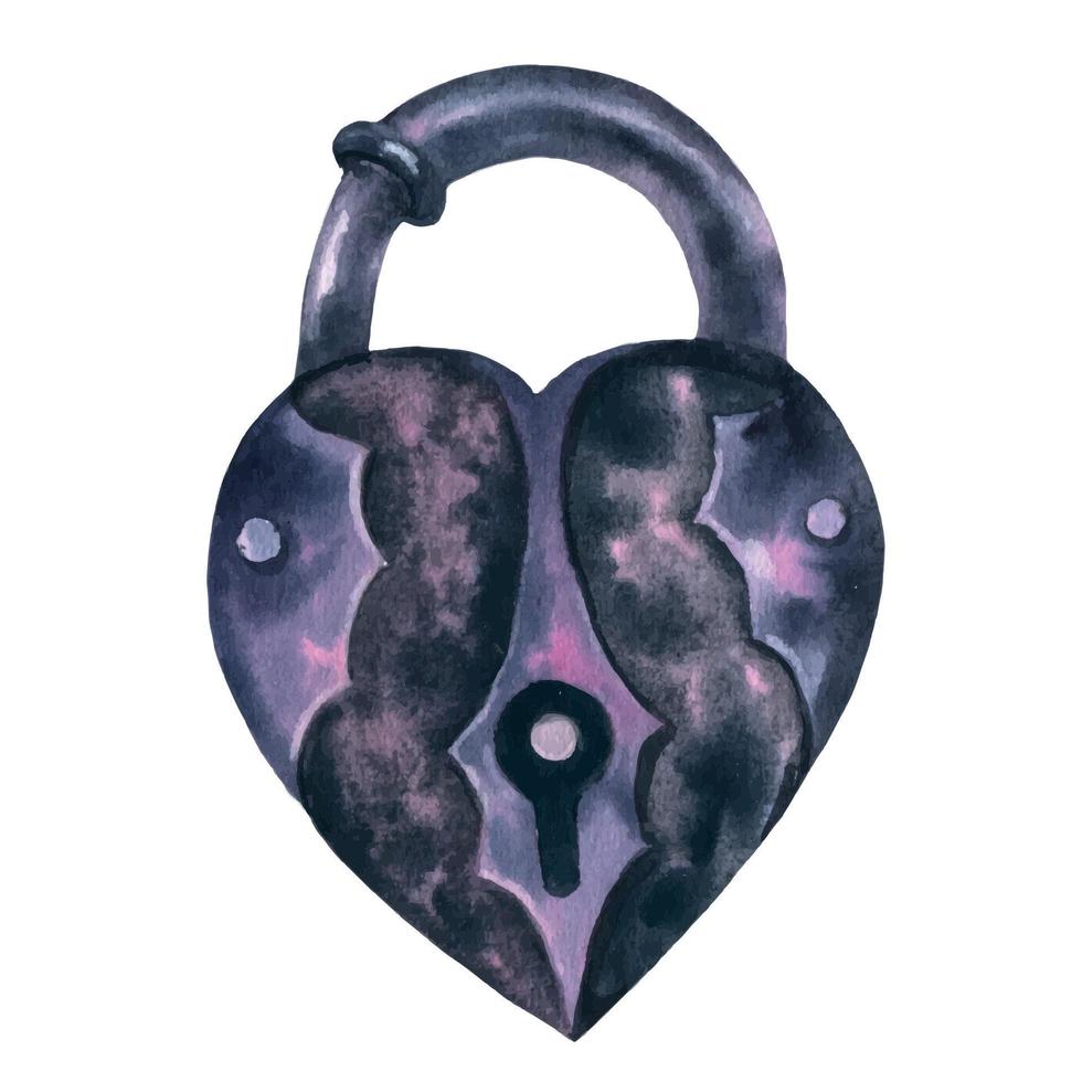 Watercolor illustration of vintage heart shaped lock. Isolated. Hand drawn illustrations for Valentine's day. Can be used in cards, flyers and invitations vector