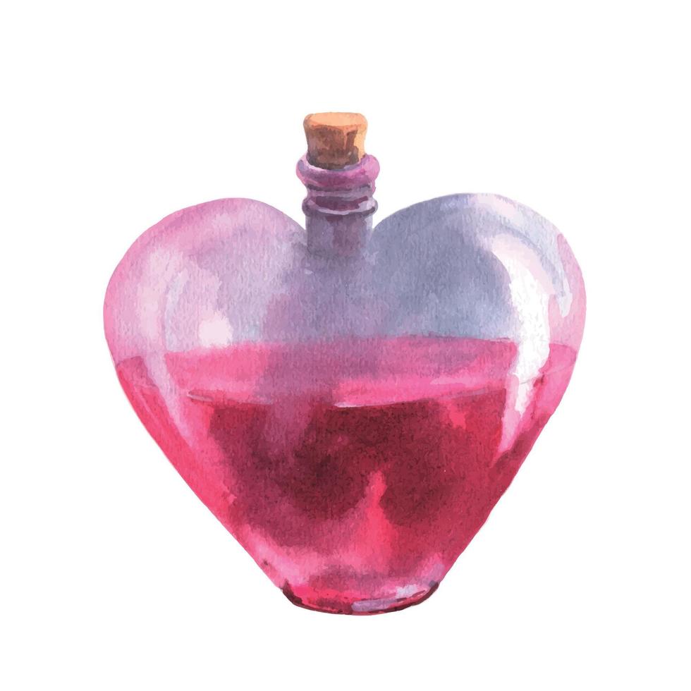 Watercolor love potion elixir in heart shaped glass bottle illustration. Hand drawn pink vial clipart element isolated on white background. vector