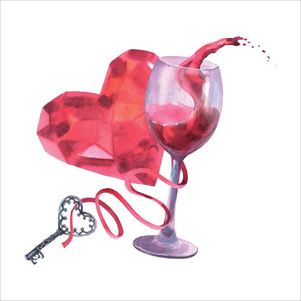 vaso de ilustración acuarela con salpicadura de vino tinto, cristal de diamante de corazón en piedra preciosa de color rosa y llave en la cinta, sobre fondo blanco con salpicadura. vector