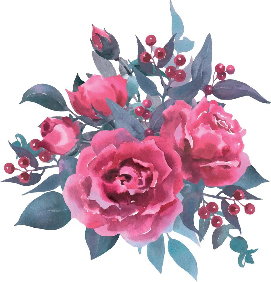 Beautiful bouquet with viva mangenta roses, buds, leaves, eucalyptus,and red berries in vintage style. Watercolor on textured paper. vector