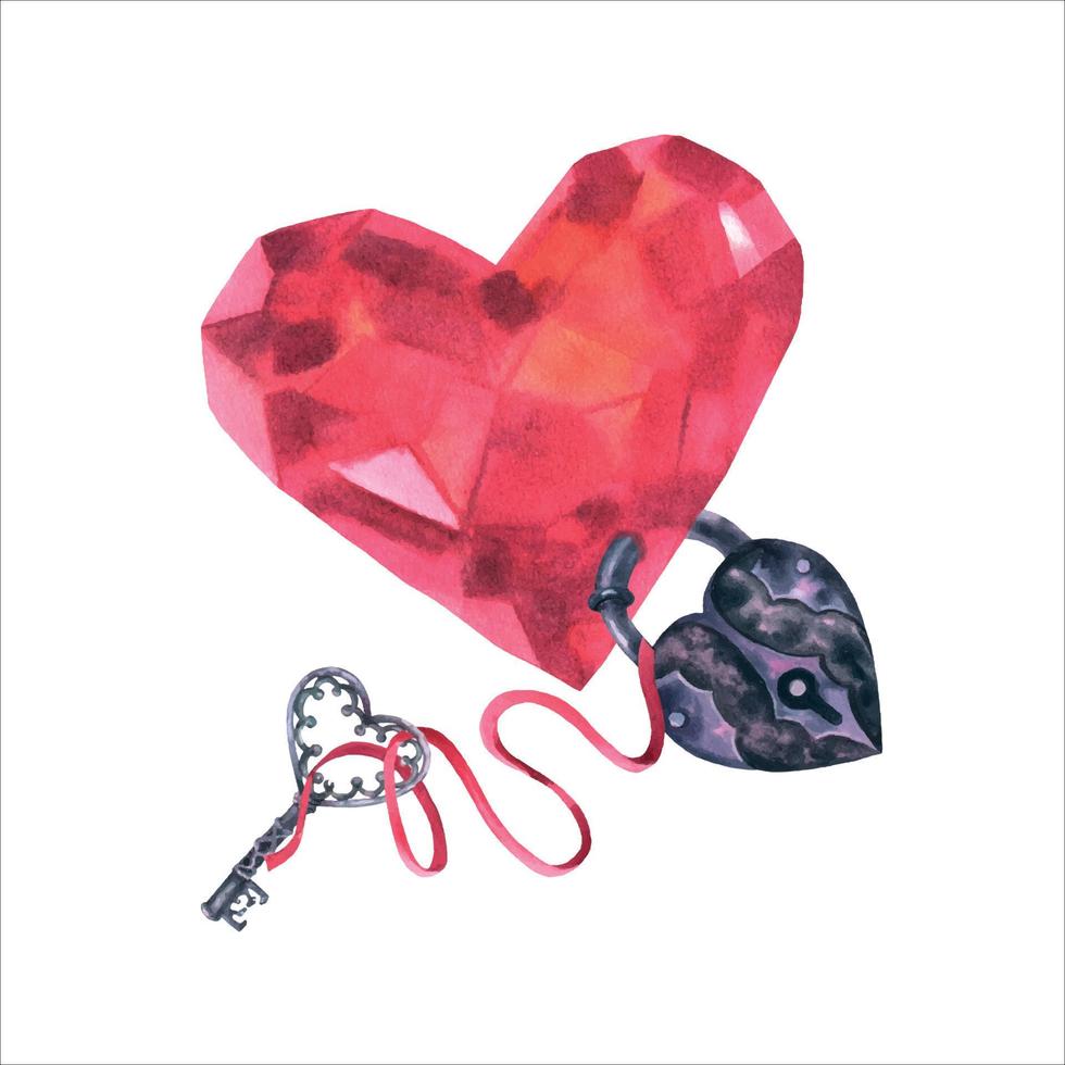 ilustración acuarela de cristal de diamante de corazón en piedra preciosa de color rosa con cerradura y llave en la cinta. dibujado a mano de joyas decorativas aisladas en fondo blanco. vector