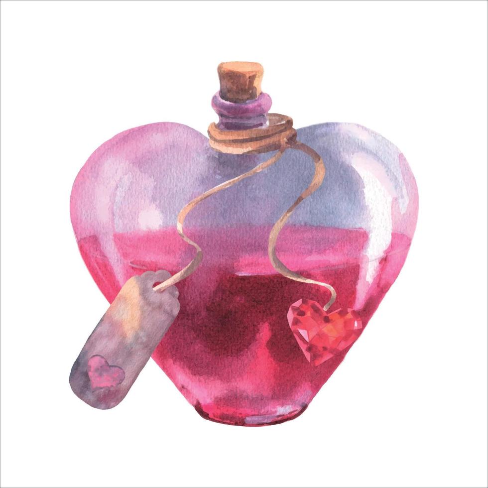 elixir de poción de amor acuarela en botella en forma de corazón con etiqueta e ilustración de diamante. elemento clipart de vial rosa dibujado a mano aislado sobre fondo blanco. vector