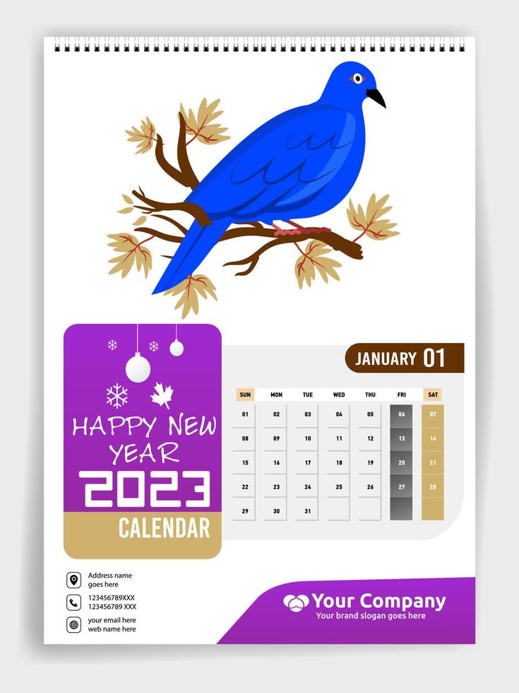 calendario de pared 2023 diseño creativo, diseño de fecha vertical mensual simple para el año 2023 en inglés. Plantillas de calendario de 12 meses, diseño moderno de calendario de año nuevo. calendario corporativo o de negocios. vector