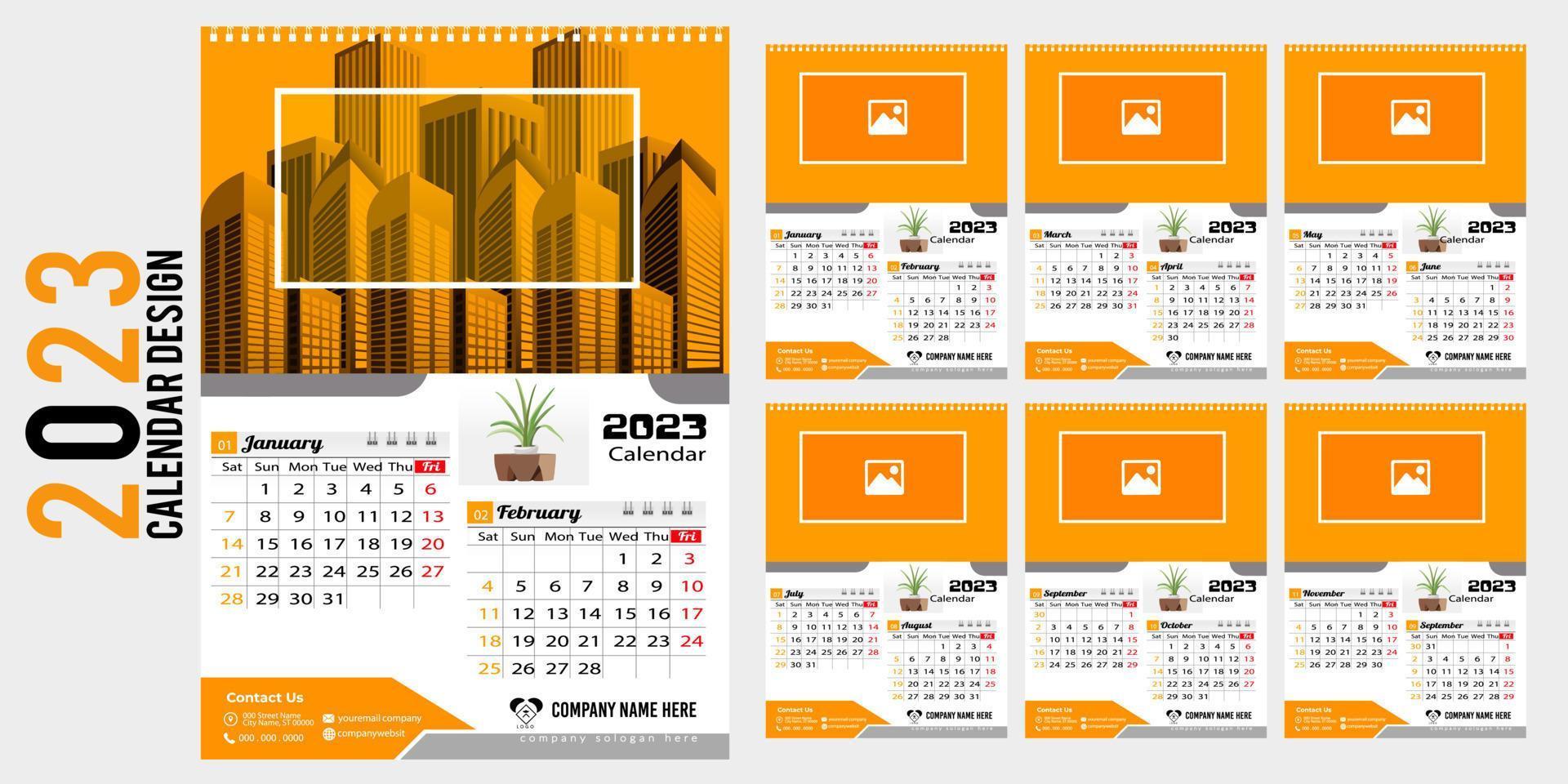 calendario de pared 2023 diseño creativo, diseño de fecha vertical mensual simple para el año 2023 en inglés. Plantillas de calendario de 12 meses, diseño moderno de calendario de año nuevo. calendario corporativo o de negocios. vector