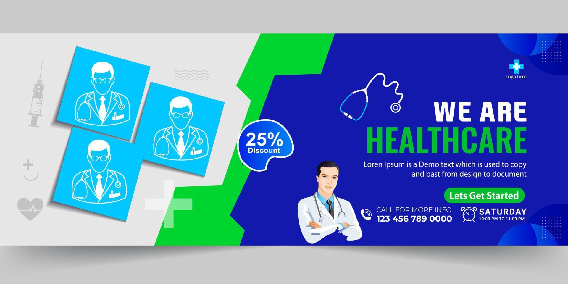 Healthcare and medical service Doctor banner, Medical health Social media cover design. Realistic hospital webinar template. vector