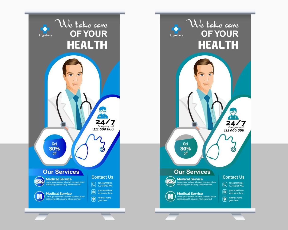 diseño de plantilla de vector de banner enrollable médico o standee de encuesta para hospital de atención médica. pancarta de diseño enrollable y de pie para atención médica y médica.