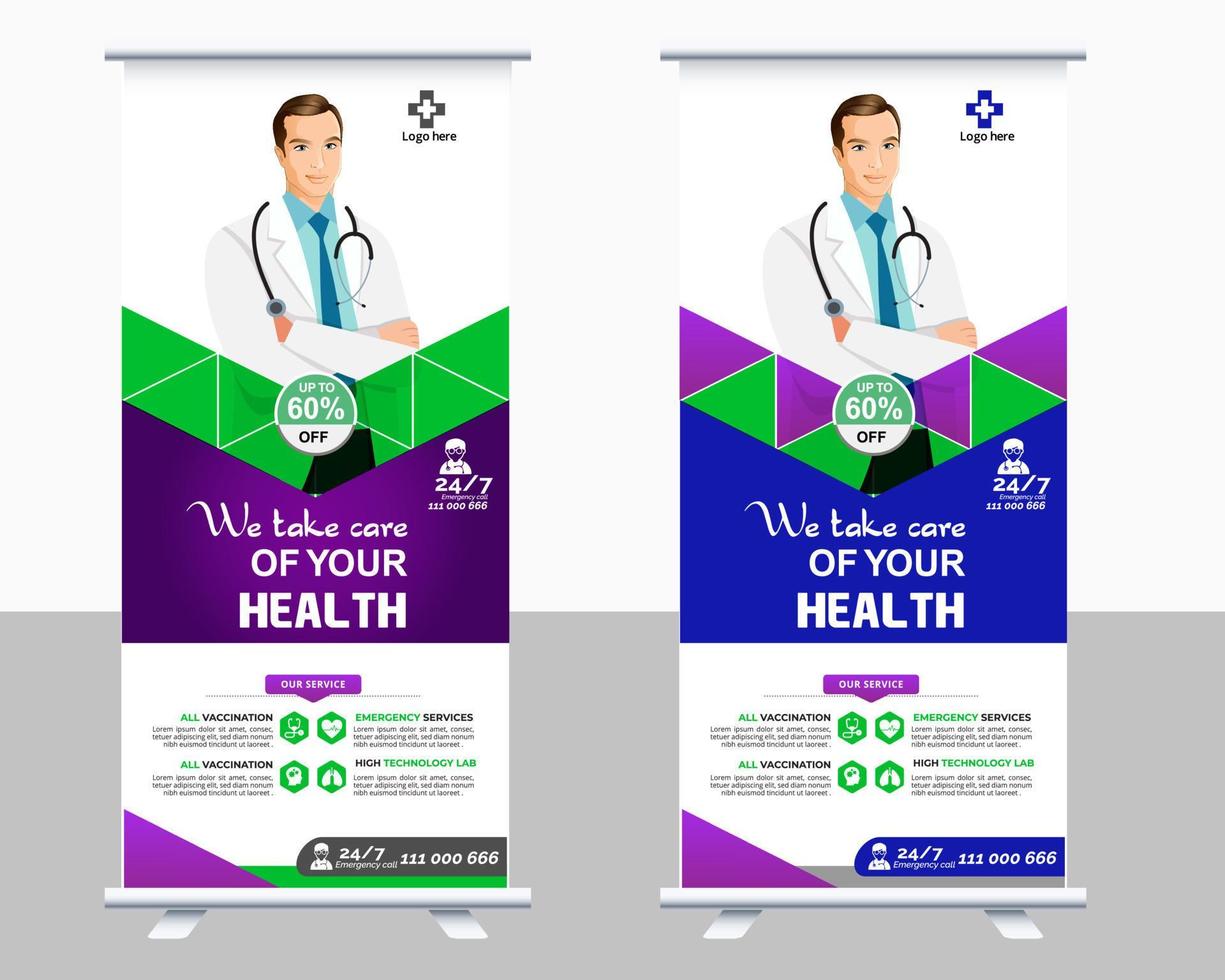 diseño de plantilla de vector de banner enrollable médico o standee de encuesta para hospital de atención médica. pancarta de diseño enrollable y de pie para atención médica y médica.