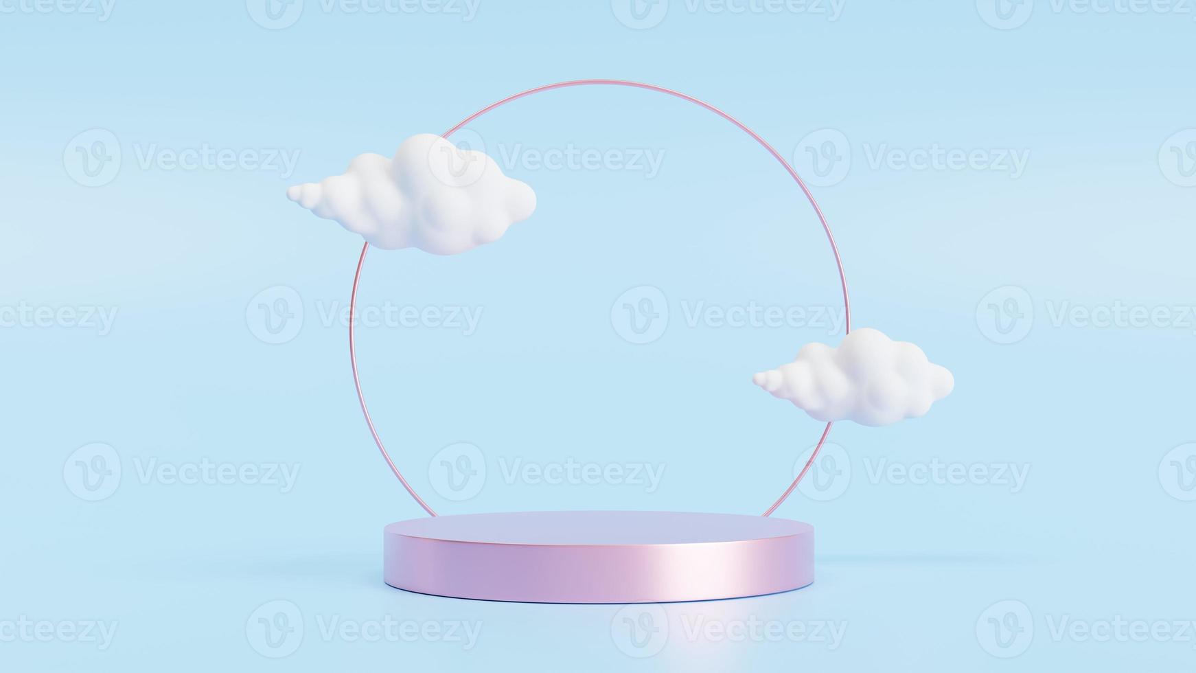 Representación 3d sobre fondo azul con pedestal púrpura y escena de nube mínima aislada. foto