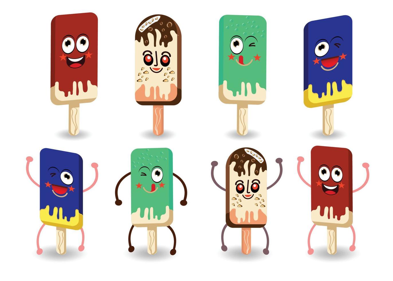 helados conjunto ilustración vectorial, helado de chocolate de cono de vector. ilustraciones de helados vectoriales multicolores conjunto de iconos de dibujos animados. helado de cono de waffle. helado de vainilla con glaseado de chocolate y caramelo. vector