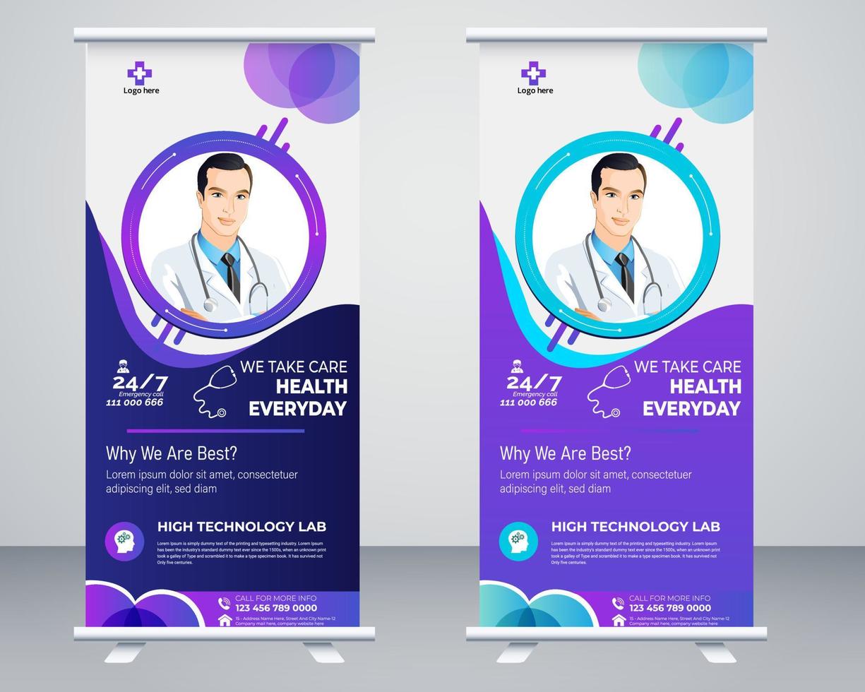 Medical roll up banner vector template design or poll up standee for healthcare hospital. Healthcare and medical roll up and standee design banner.