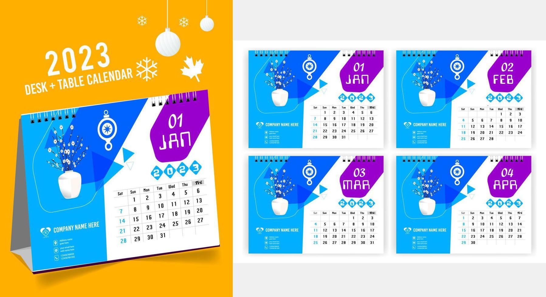 calendario de escritorio 2023 diseño creativo, diseño de fecha vertical mensual simple para el año 2023 en inglés. Plantillas de calendario de 12 meses, diseño moderno de calendario de mesa. calendario corporativo o de negocios. vector