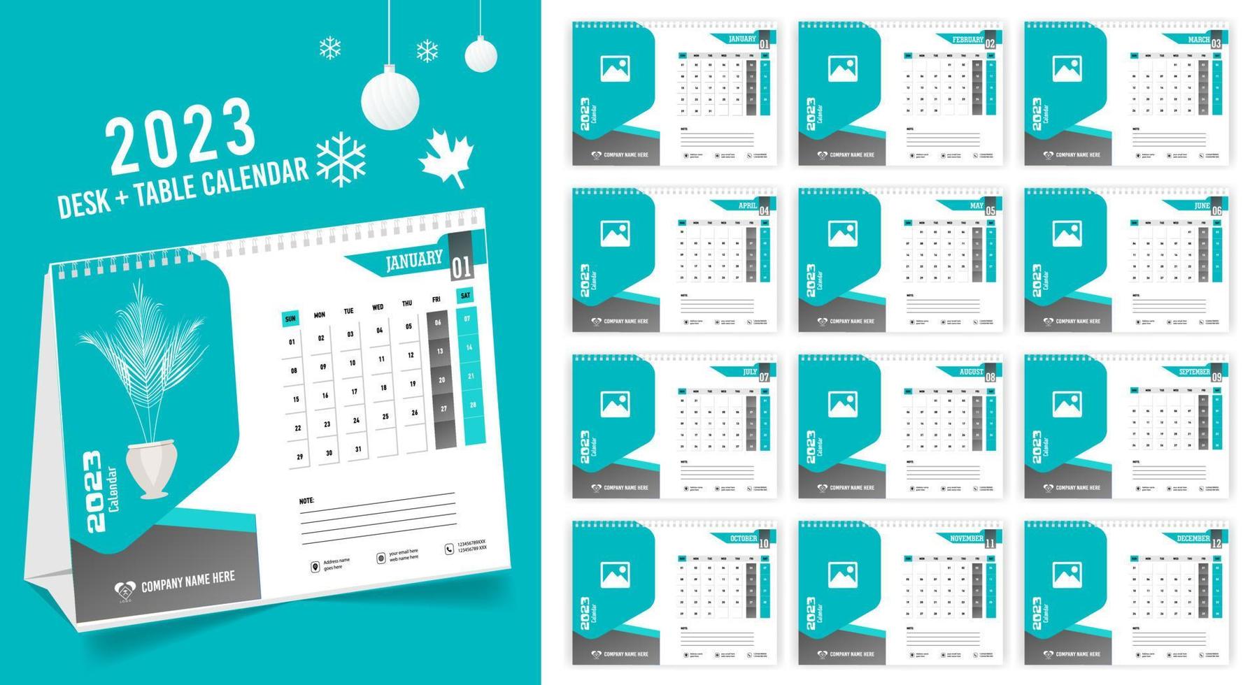 calendario de escritorio 2023 diseño creativo, diseño de fecha vertical mensual simple para el año 2023 en inglés. Plantillas de calendario de 12 meses, diseño moderno de calendario de mesa. calendario corporativo o de negocios. vector