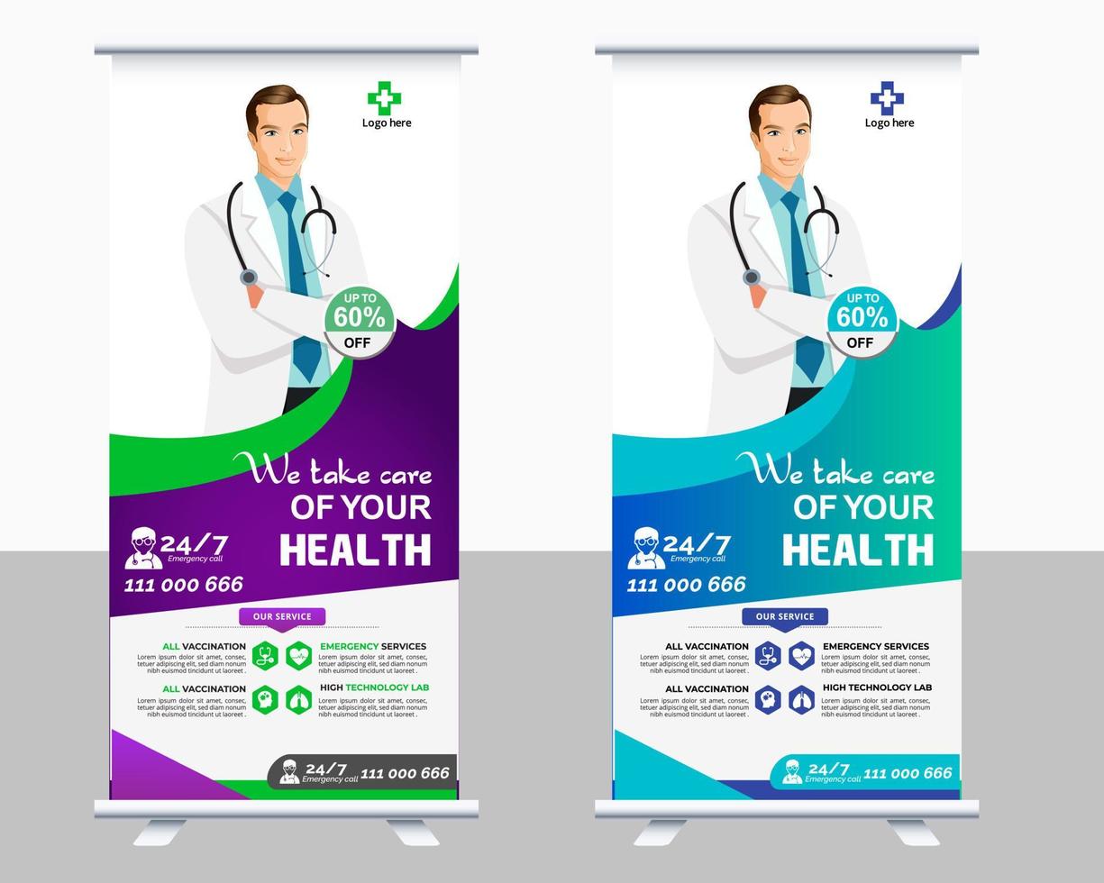 Medical roll up banner vector template design or poll up standee for healthcare hospital. Healthcare and medical roll up and standee design banner.