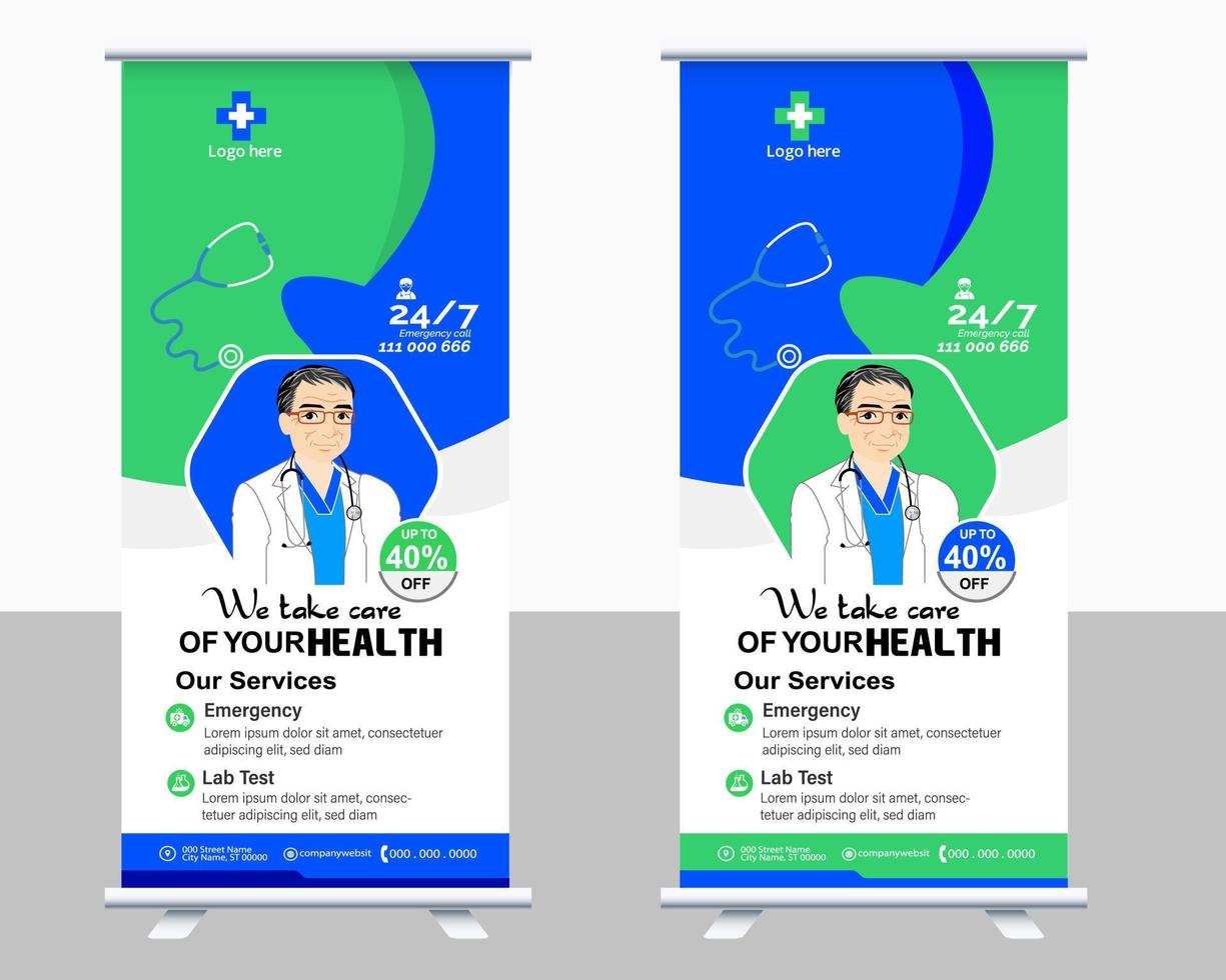 diseño de plantilla de vector de banner enrollable médico o standee de encuesta para hospital de atención médica. pancarta de diseño enrollable y de pie para atención médica y médica.