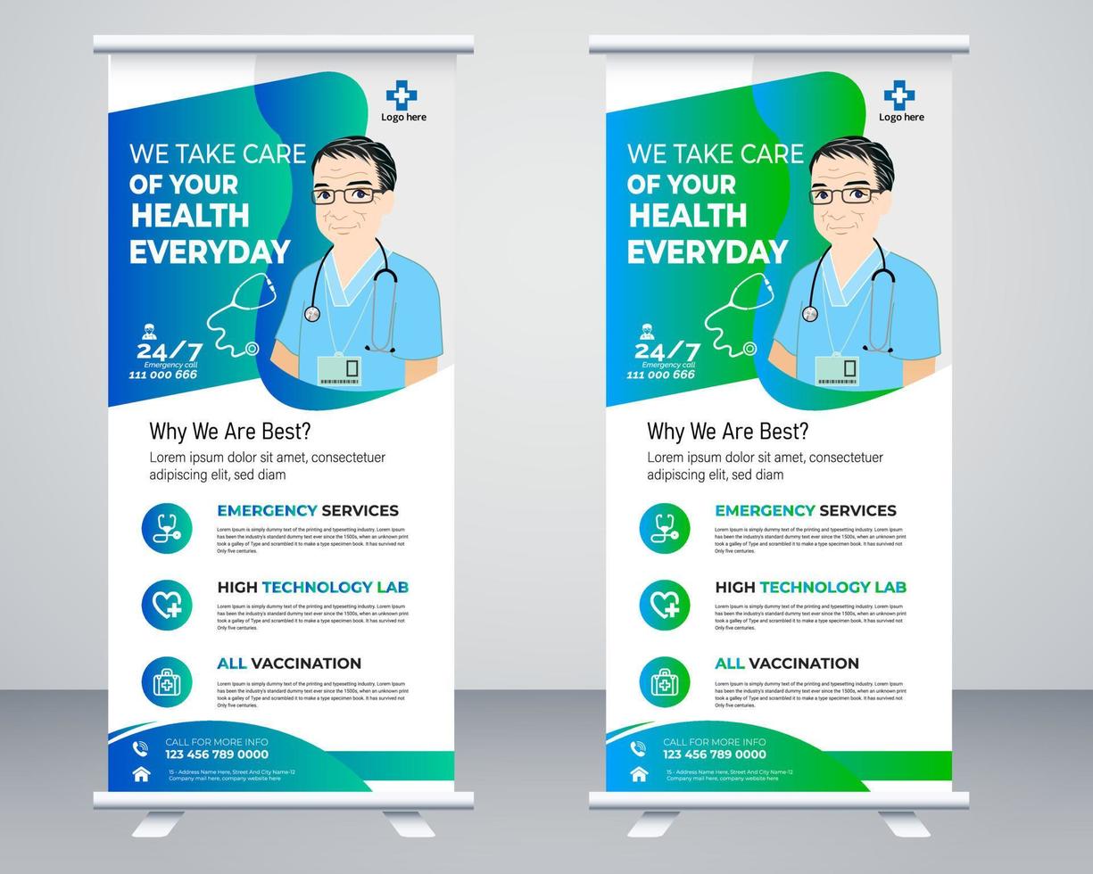 Medical roll up banner vector template design or poll up standee for healthcare hospital. Healthcare and medical roll up and standee design banner.