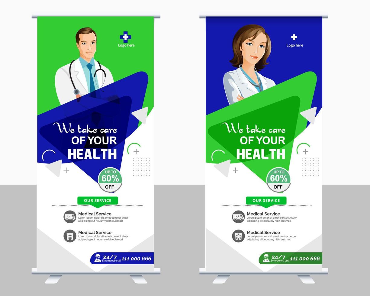 Medical roll up banner vector template design or poll up standee for healthcare hospital. Healthcare and medical roll up and standee design banner.