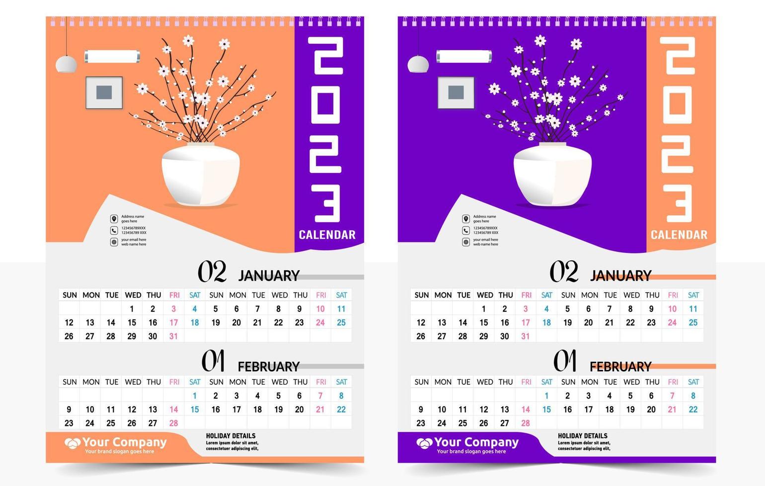 calendario de pared 2023 diseño creativo, diseño de fecha vertical mensual simple para el año 2023 en inglés. Plantillas de calendario de 12 meses, diseño moderno de calendario de año nuevo. calendario corporativo o de negocios. vector