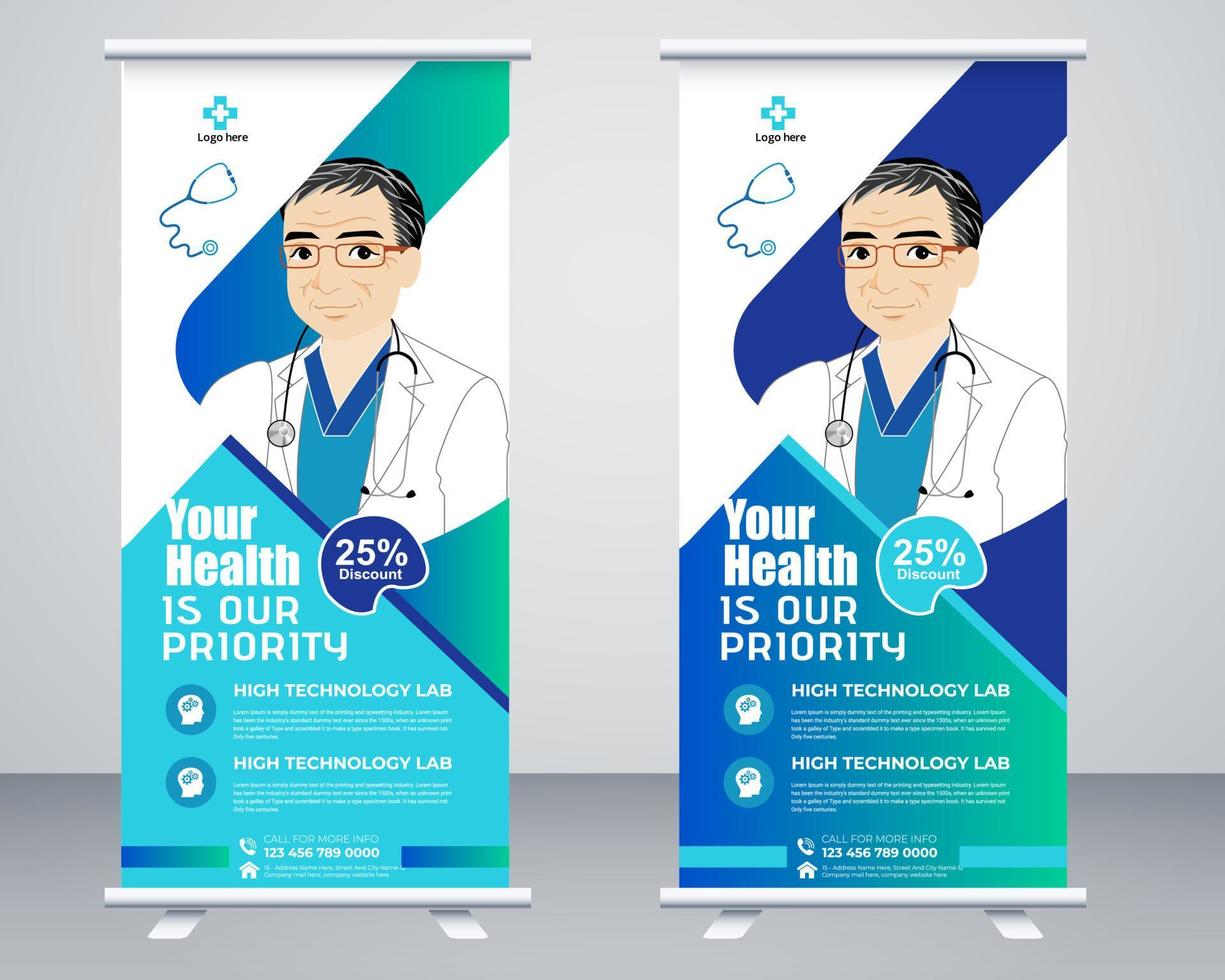 Medical roll up banner vector template design or poll up standee for healthcare hospital. Healthcare and medical roll up and standee design banner.