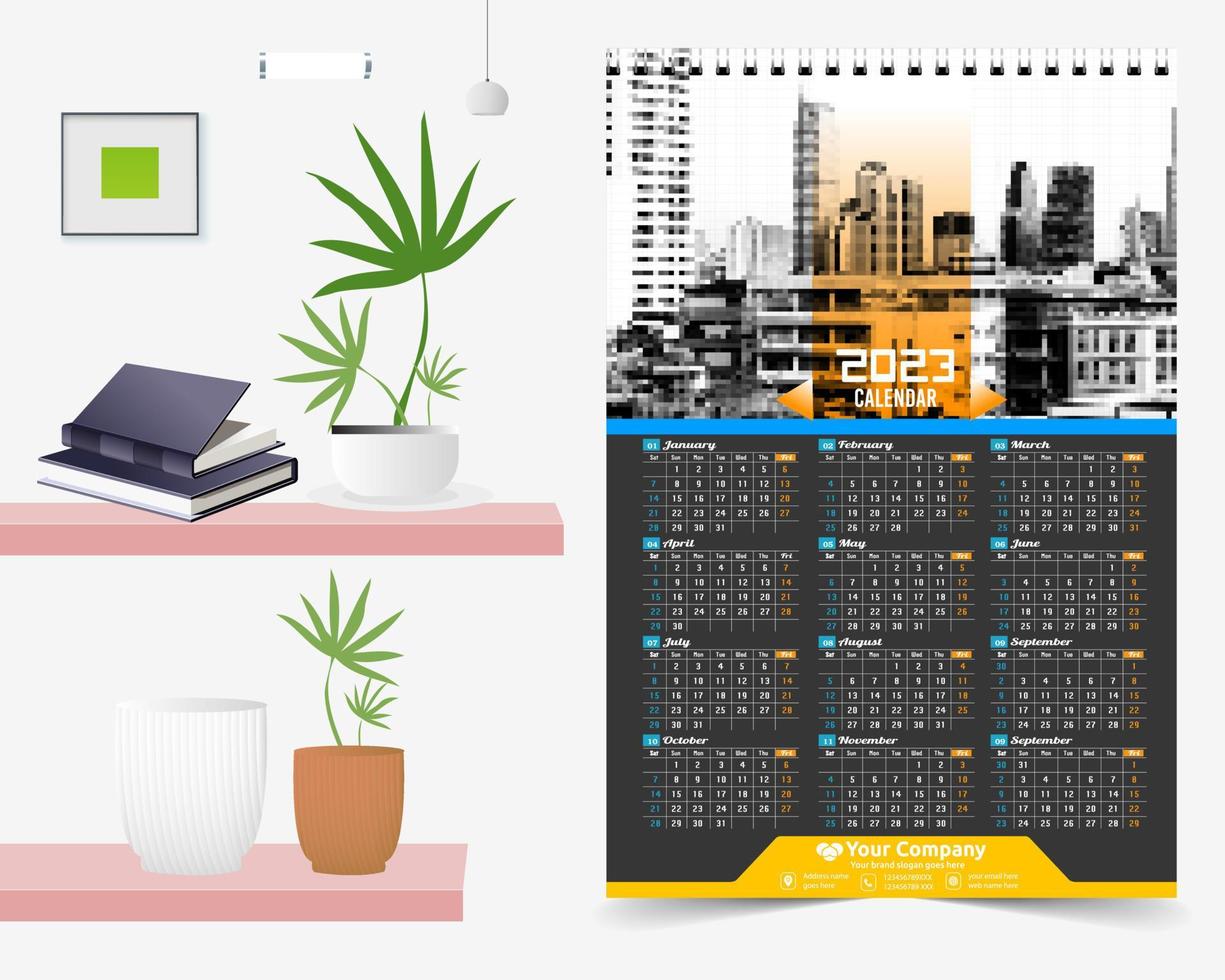 calendario de pared 2023 diseño creativo, diseño de fecha vertical mensual simple para el año 2023 en inglés. Plantillas de calendario de 12 meses, diseño moderno de calendario de año nuevo. calendario corporativo o de negocios. vector