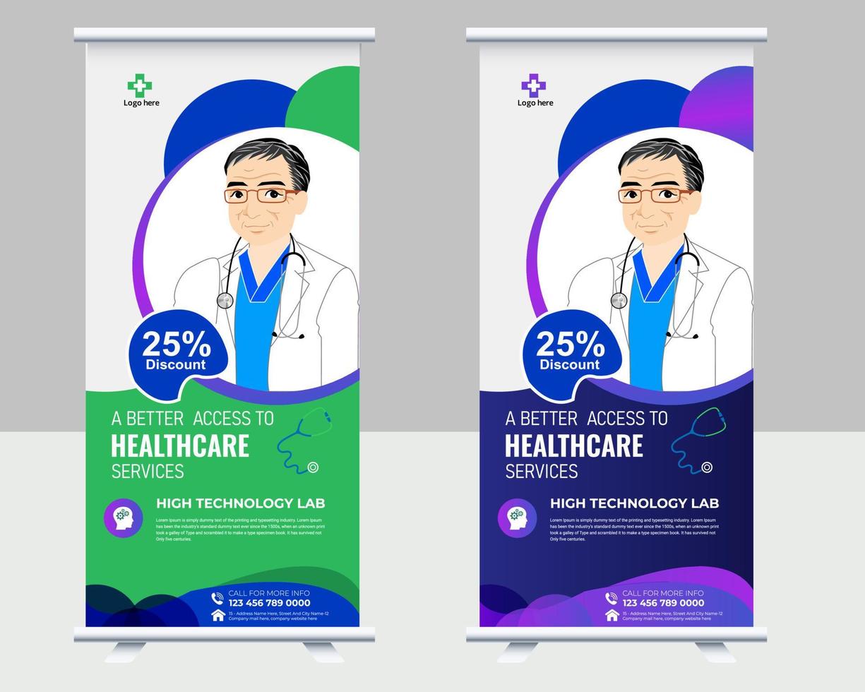 diseño de plantilla de vector de banner enrollable médico o standee de encuesta para hospital de atención médica. pancarta de diseño enrollable y de pie para atención médica y médica.