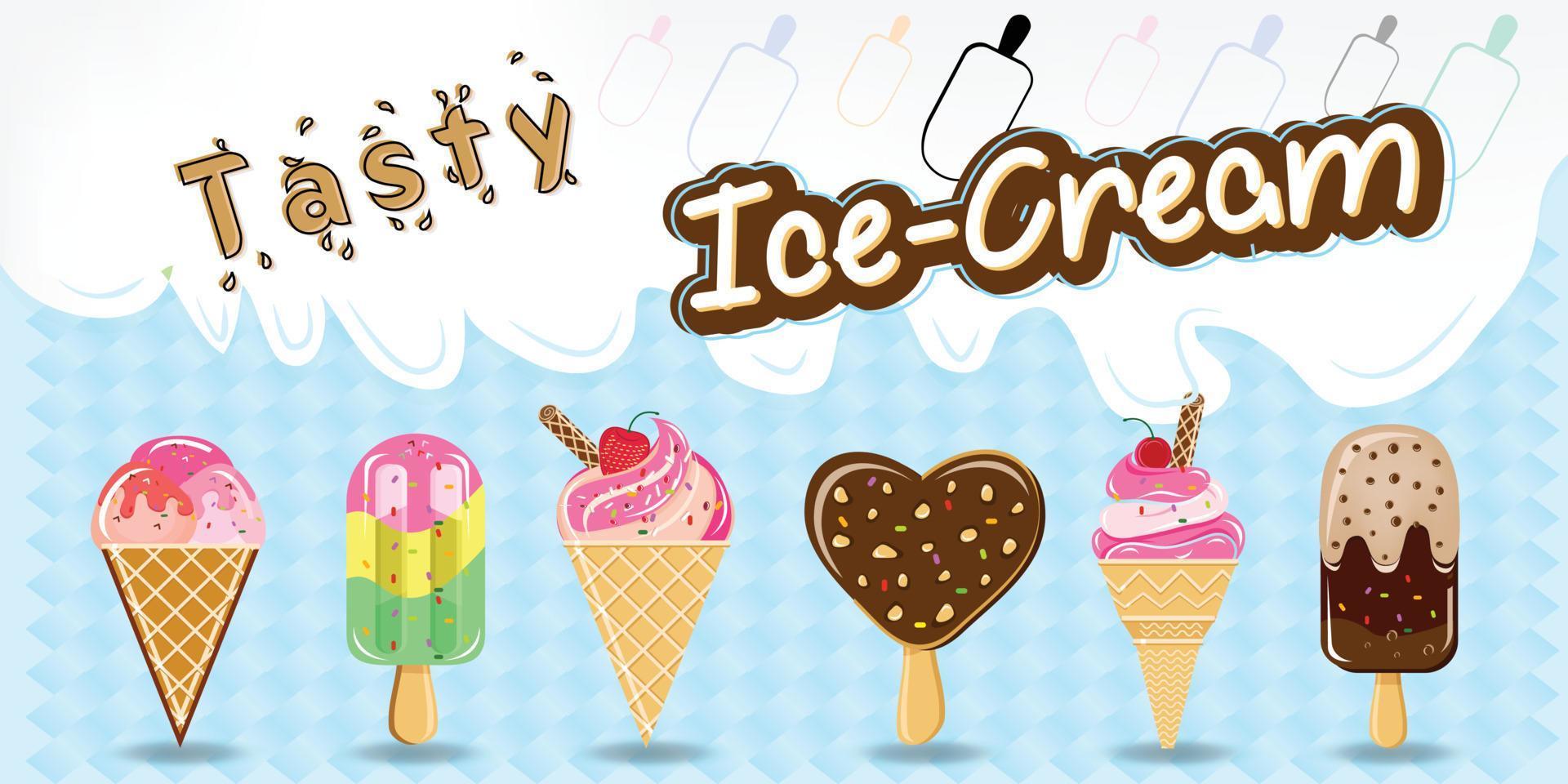 Ice creams set vector illustration, Vector cone chocolate Ice-Cream. multicolored vector ice cream illustrations Set of cartoon icons. waffle cone Ice cream. Caramel chocolate glaze Vanilla Ice-cream.