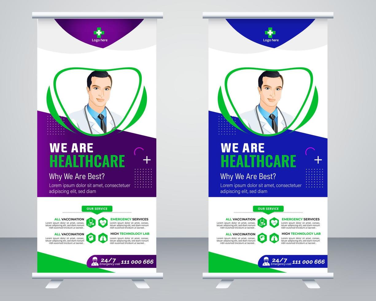 Medical roll up banner vector template design or poll up standee for healthcare hospital. Healthcare and medical roll up and standee design banner.
