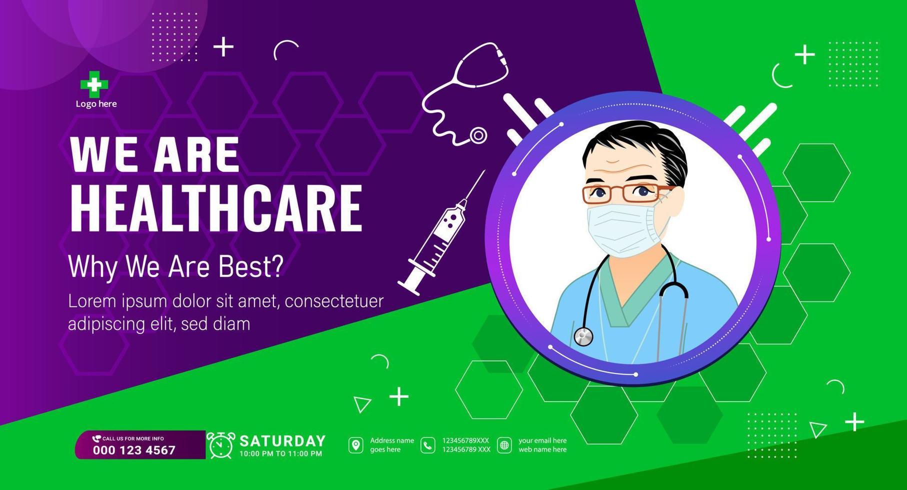 Healthcare and medical service Doctor banner, Medical health Social media cover design. Realistic hospital webinar template. vector