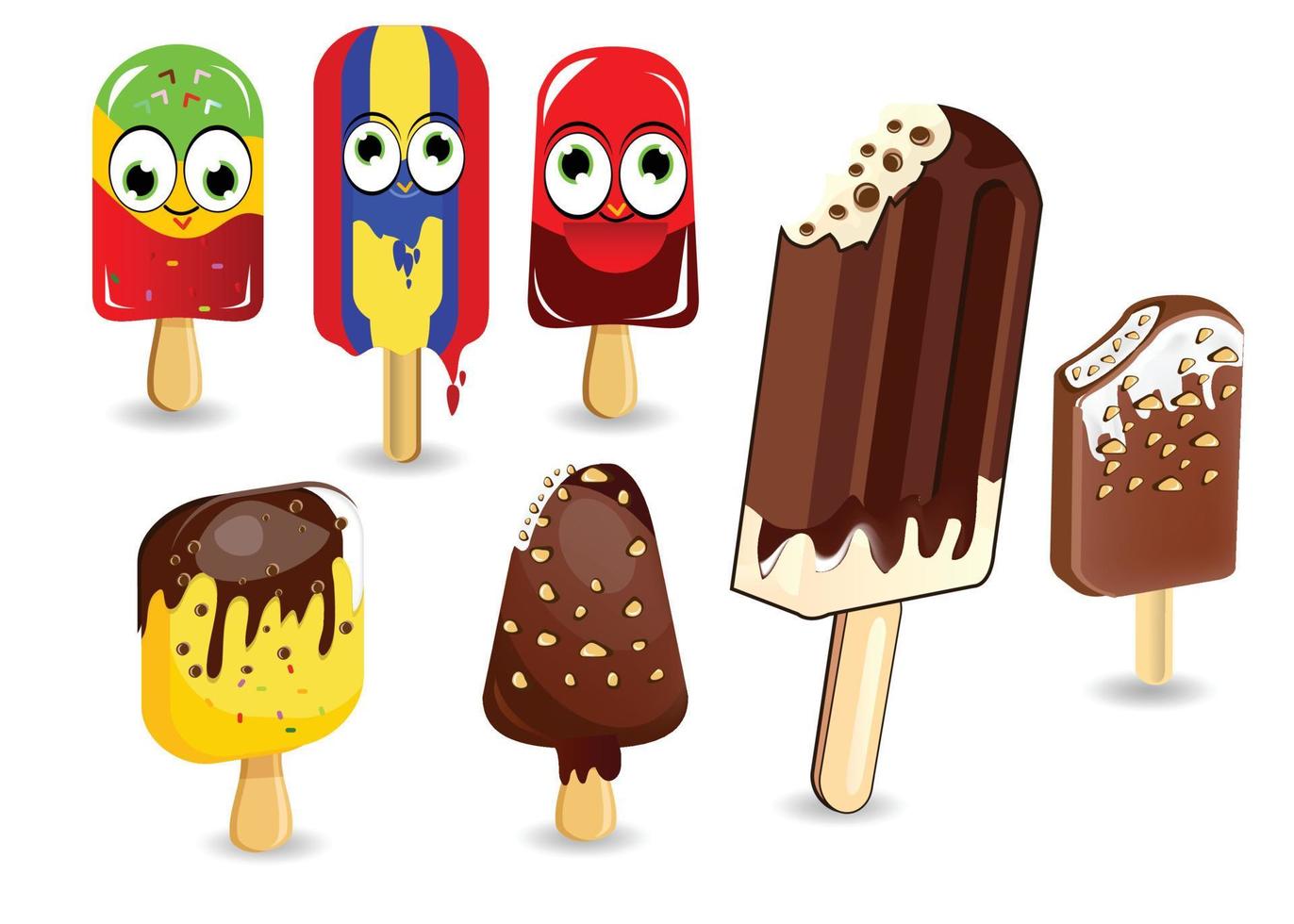 helados conjunto ilustración vectorial, helado de chocolate de cono de vector. ilustraciones de helados vectoriales multicolores conjunto de iconos de dibujos animados. helado de cono de waffle. helado de vainilla con glaseado de chocolate y caramelo. vector