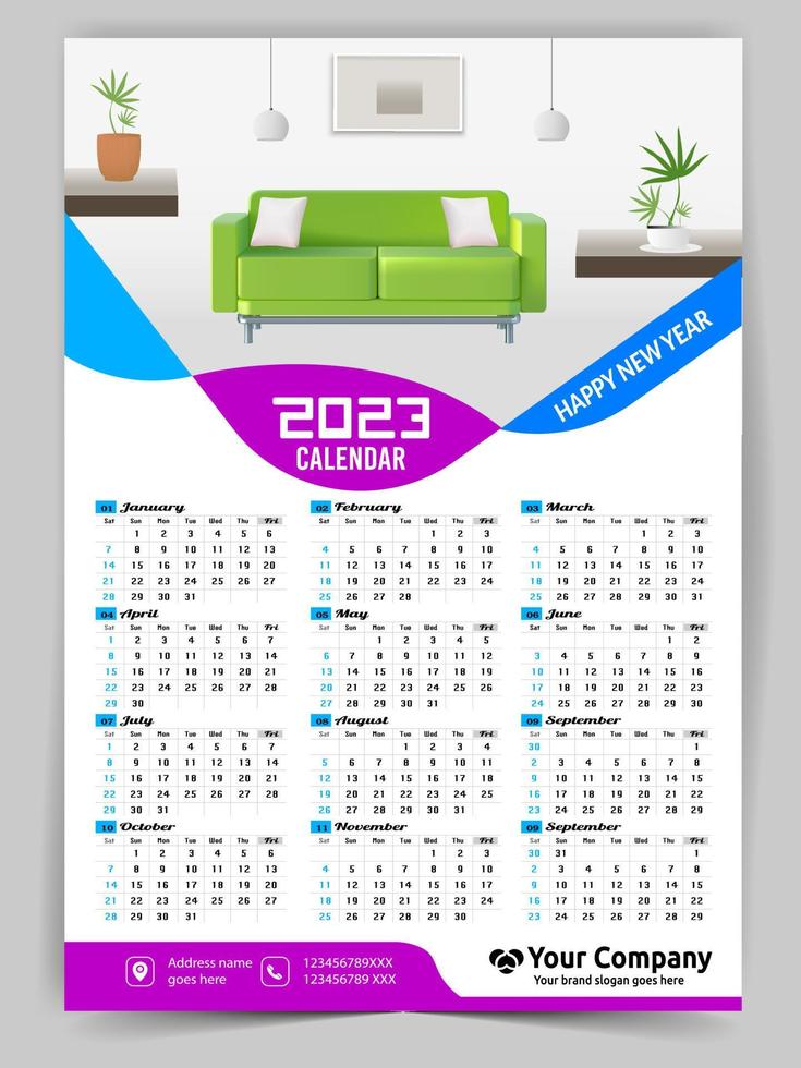 calendario de pared 2023 diseño creativo, diseño de fecha vertical mensual simple para el año 2023 en inglés. Plantillas de calendario de 12 meses, diseño moderno de calendario de año nuevo. calendario corporativo o de negocios. vector