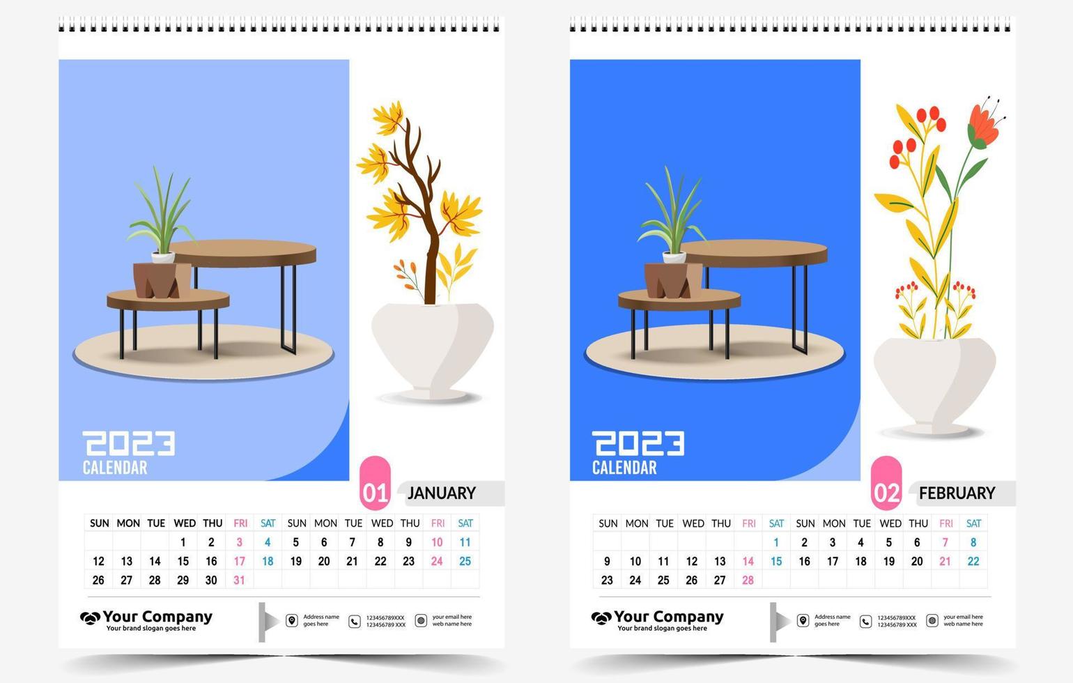 calendario de pared 2023 diseño creativo, diseño de fecha vertical mensual simple para el año 2023 en inglés. Plantillas de calendario de 12 meses, diseño moderno de calendario de año nuevo. calendario corporativo o de negocios. vector