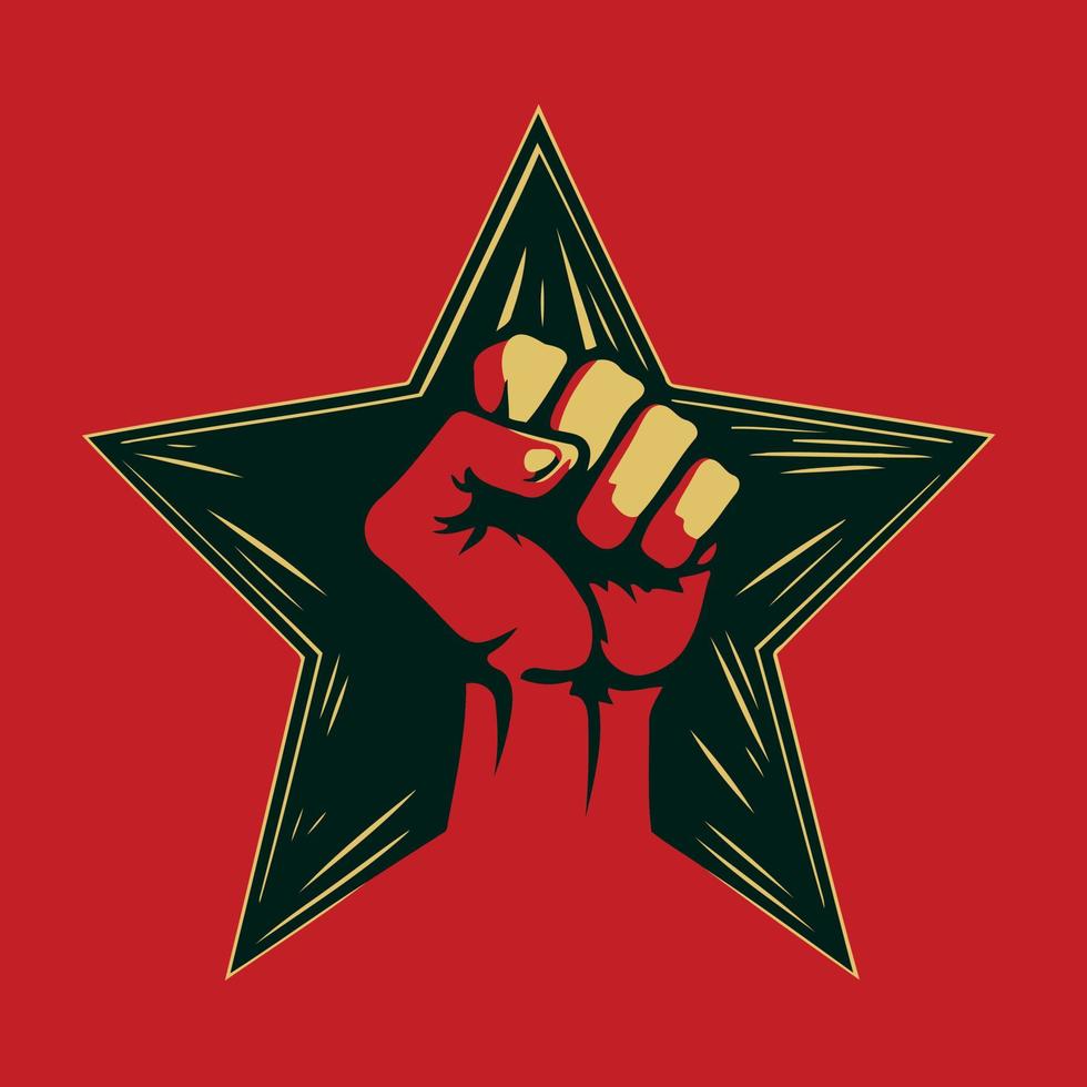 Raised fist symbol with pentagonal star behind vector