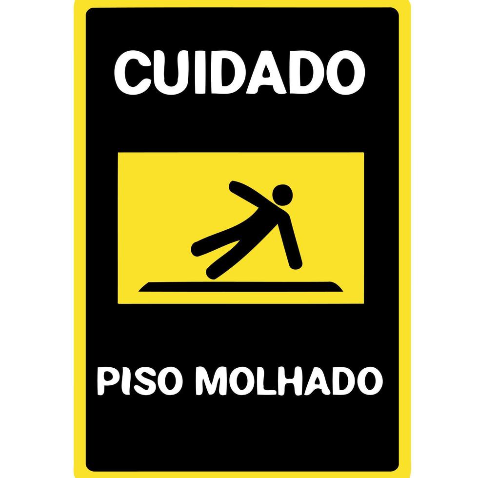 personaje resbalando y cayendo con texto precaución piso mojado en portugués vector