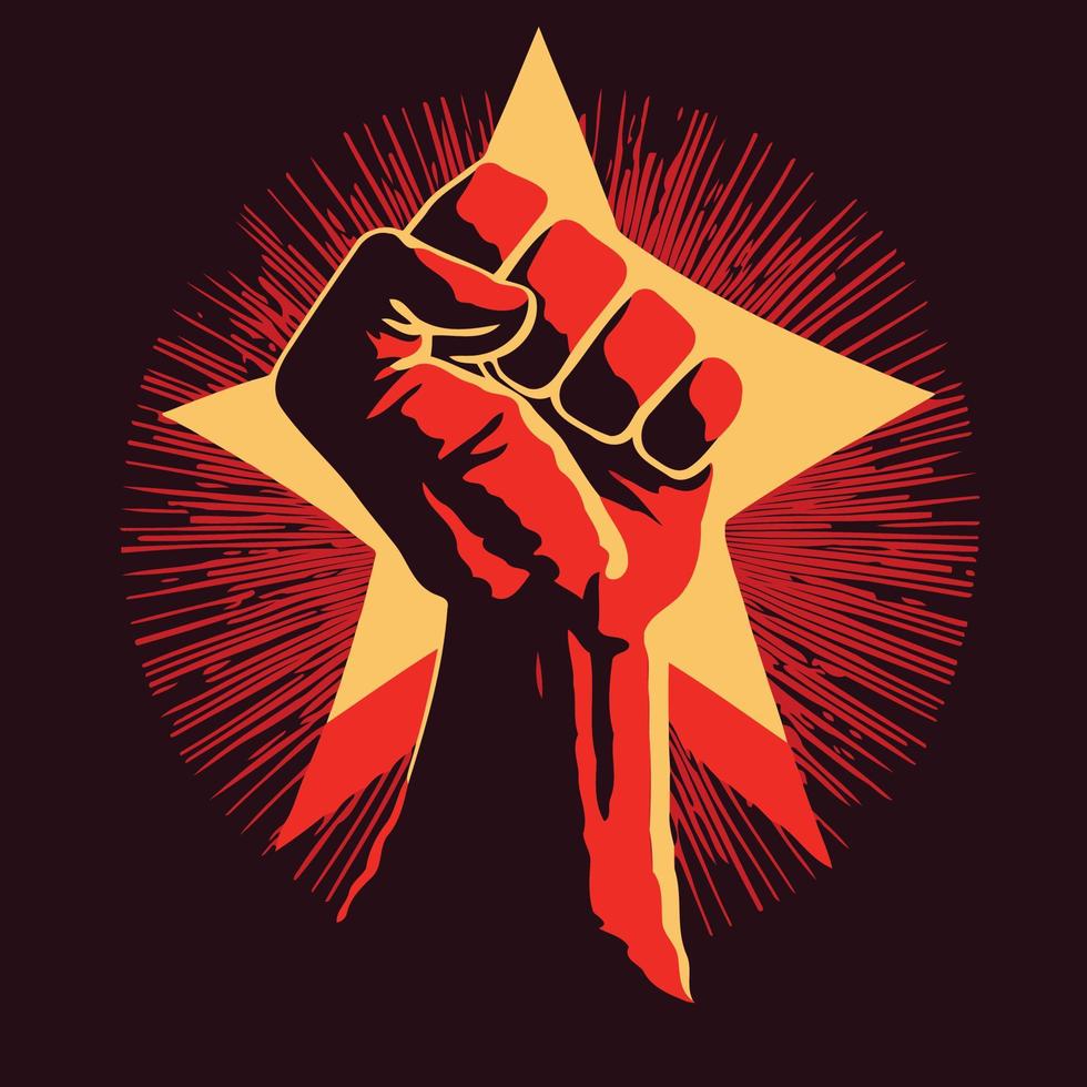 Raised fist symbol with pentagonal star behind vector