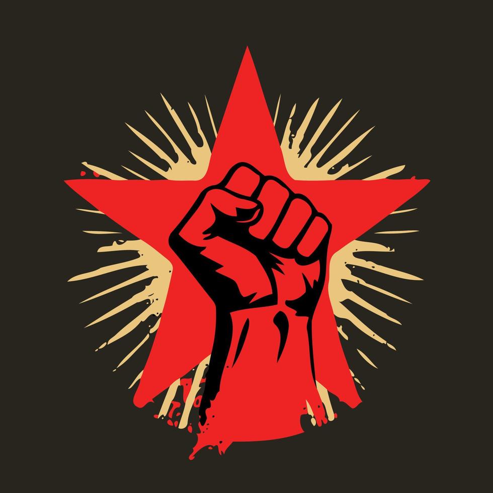 Raised fist symbol with pentagonal star behind vector