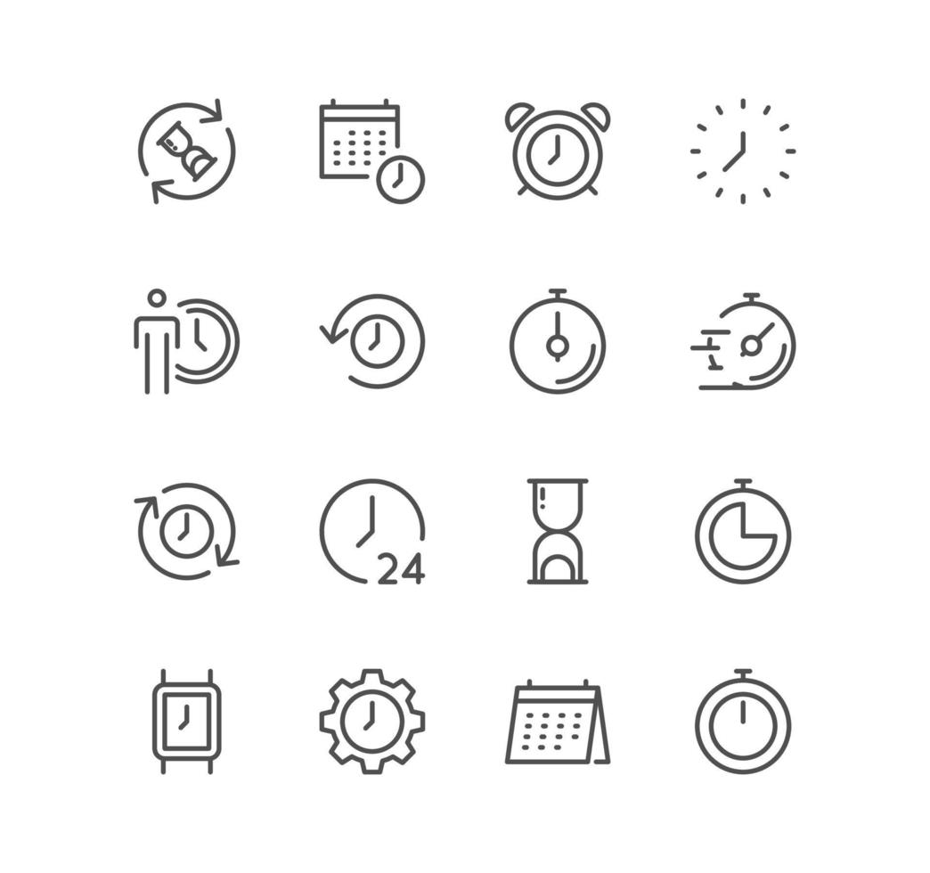 Set of time related icons, timer, speed, alarm, restore, time management, calendar and linear variety vectors. vector