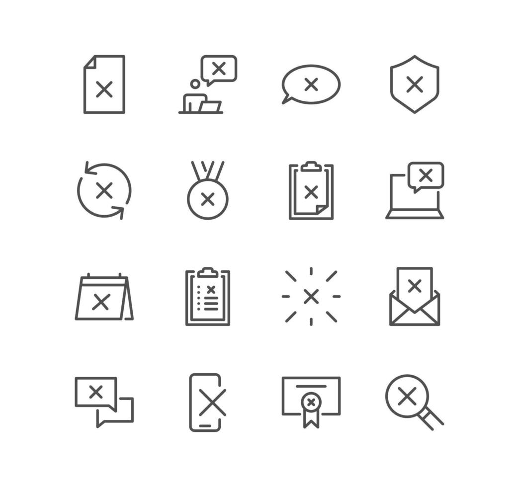 Set of reject related icons, refuse, cancellation, decline and linear variety vectors. vector