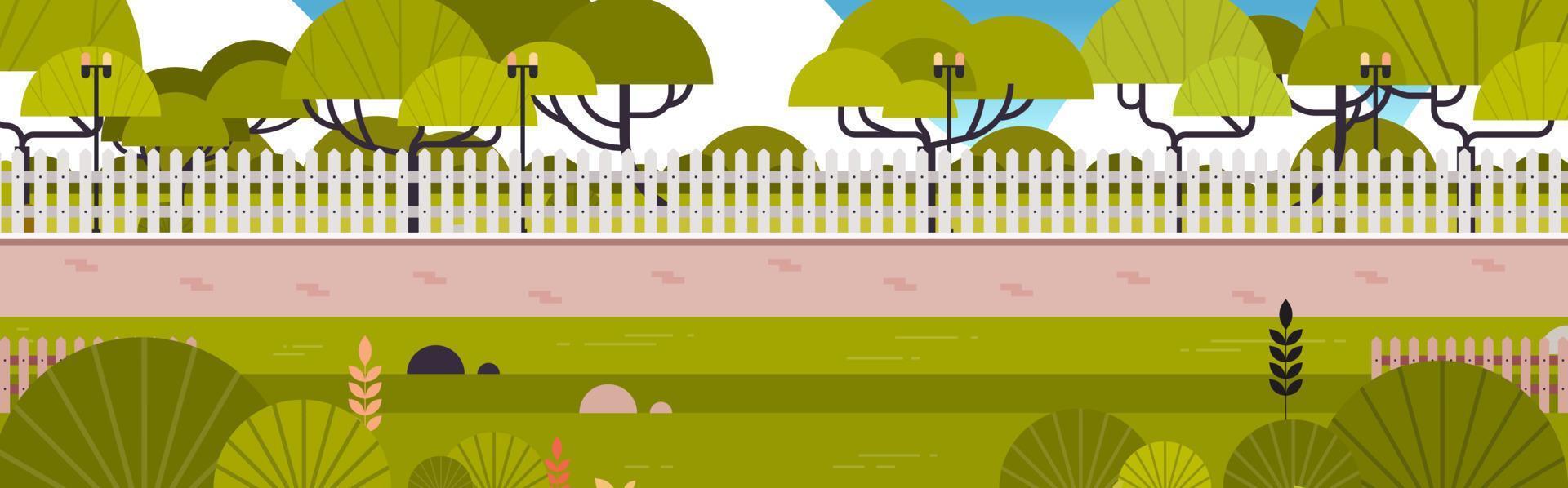 Urban park outdoor and city park beautiful day landscape horizontal banner flat vector illustration.